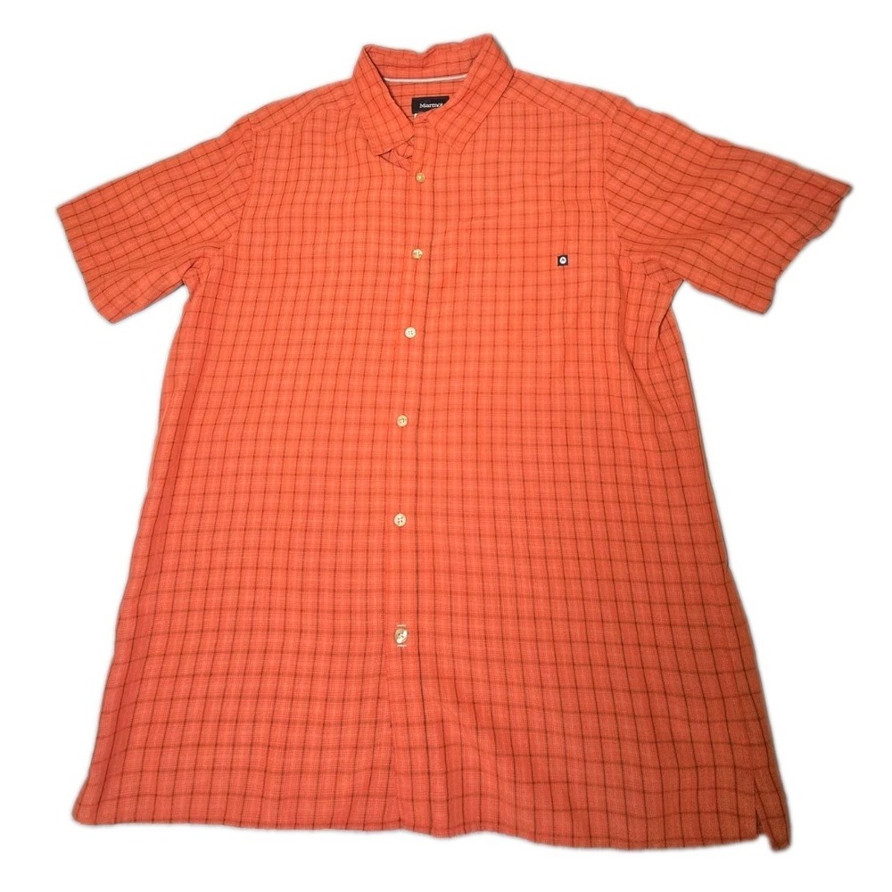 Marmot Shirt Mens Large Orange Plaid Short Sleeve Button Front Polyester/Rayon